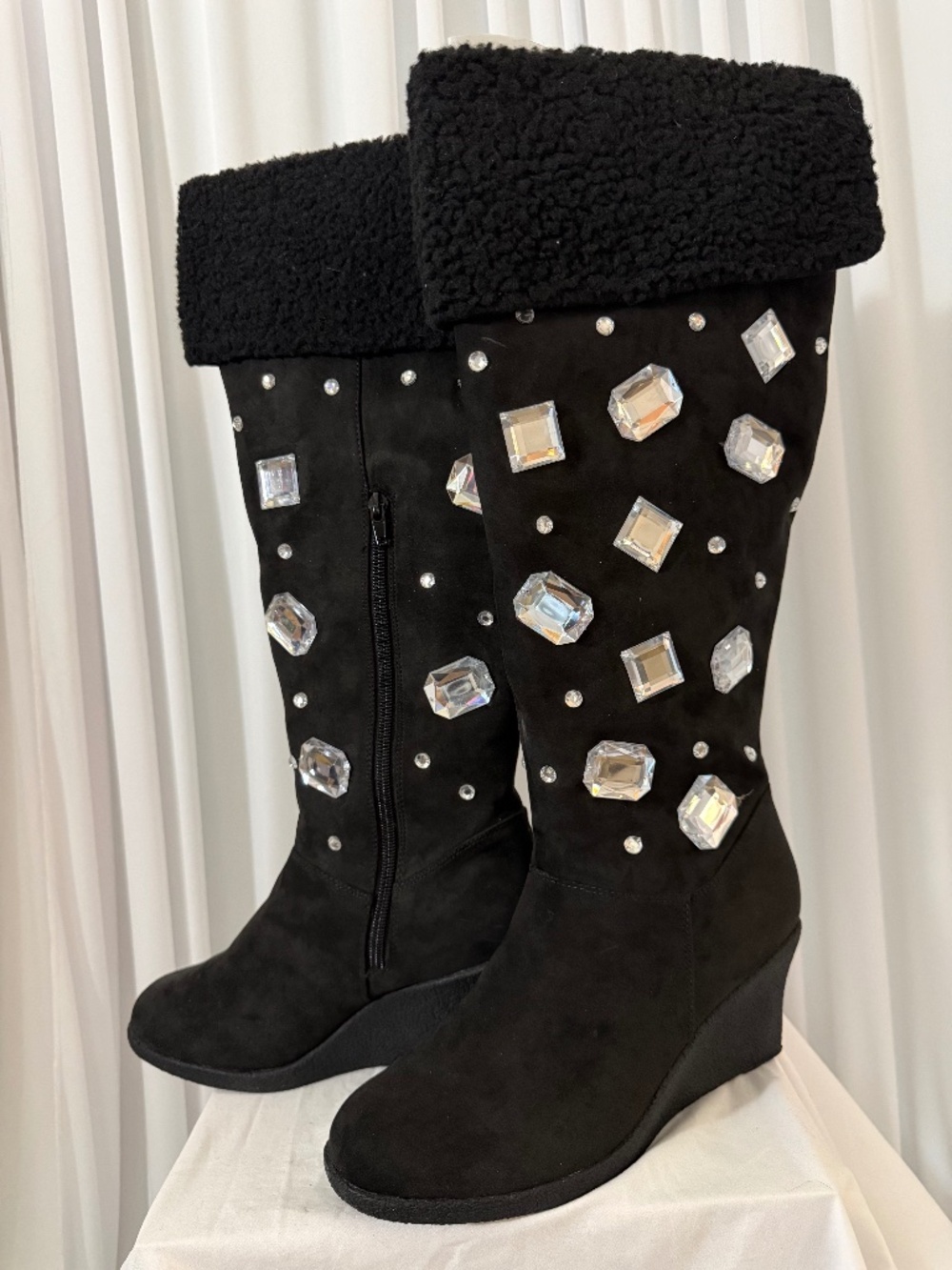 Joan Boyce Tall Boots Black Crystal Jeweled Wedge Faux Suede Size 8M NIB